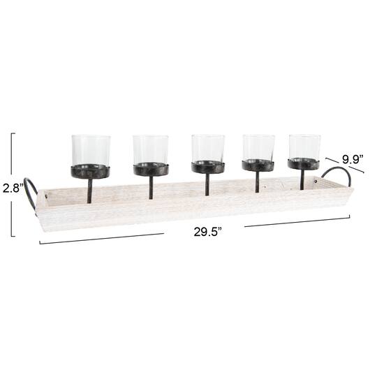 Hello Honey® Rectangle Wood Tray Holder with 5 Clear Glass Votive Candleholders